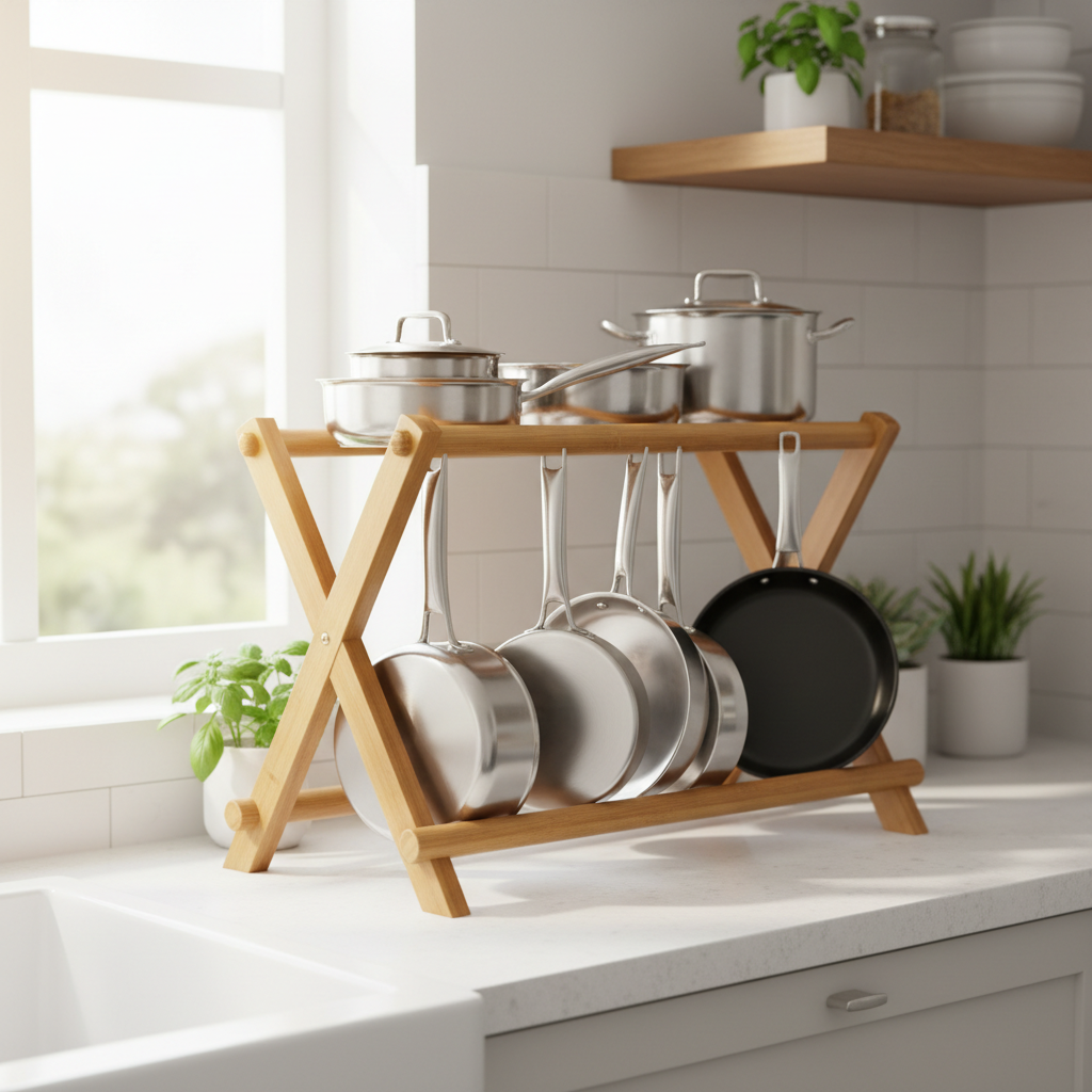 Premium bamboo pot rack holding stainless steel cookware in modern kitchen