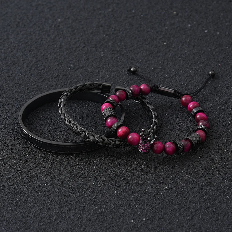 Tiger Eye Stone Bracelet Set of 3 - Natural Crystal Beaded Bracelets for Luck & Protection