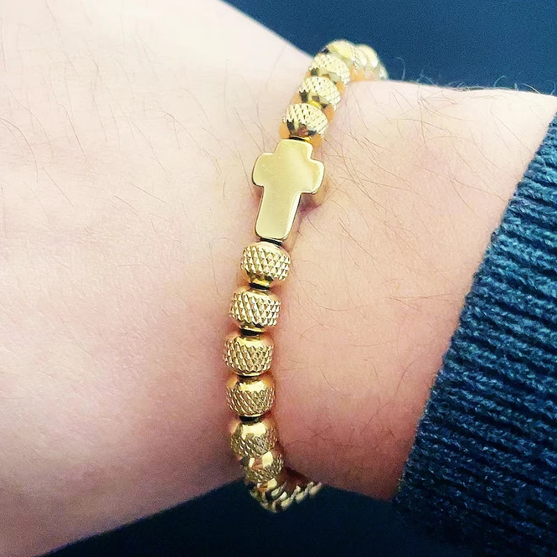 Cross Charm Beaded Bracelet - Adjustable Faith Jewelry for Women & Men