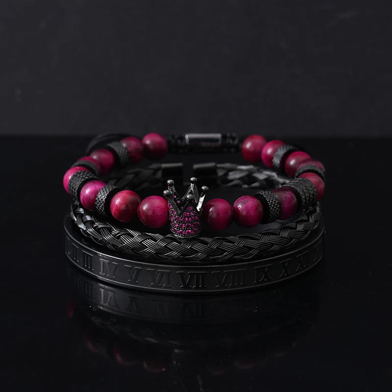 Tiger Eye Stone Bracelet Set of 3 - Natural Crystal Beaded Bracelets for Luck & Protection