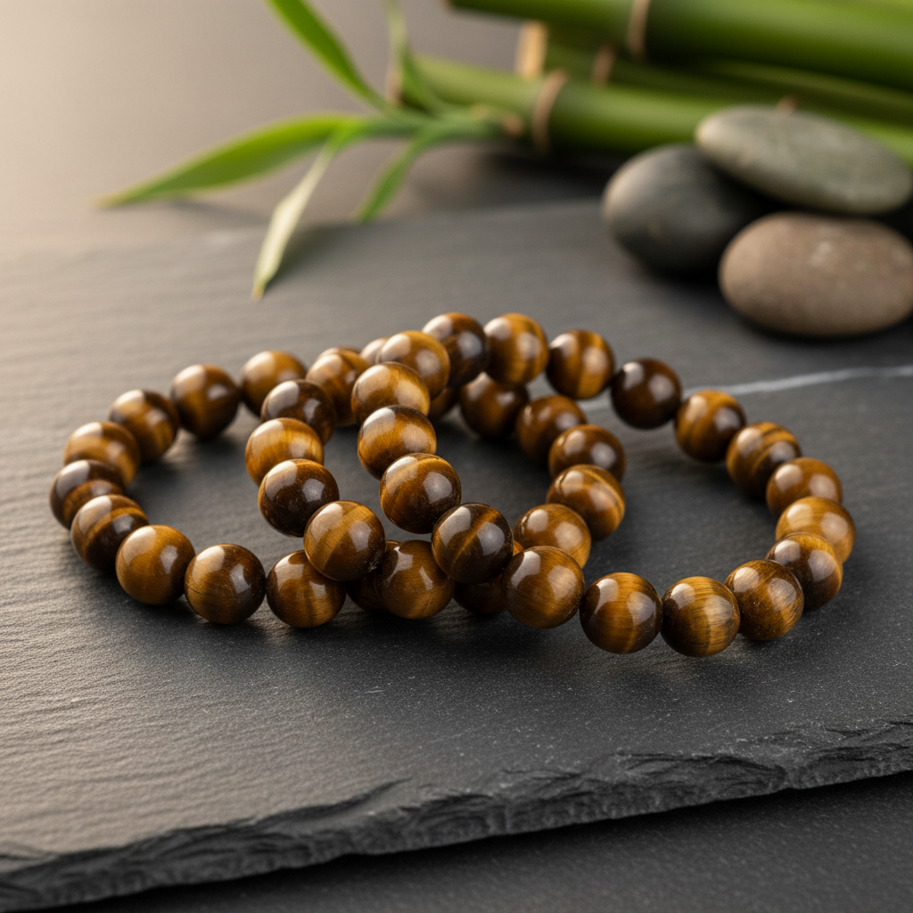 Set of three natural tiger eye stone beaded bracelets with golden shimmer