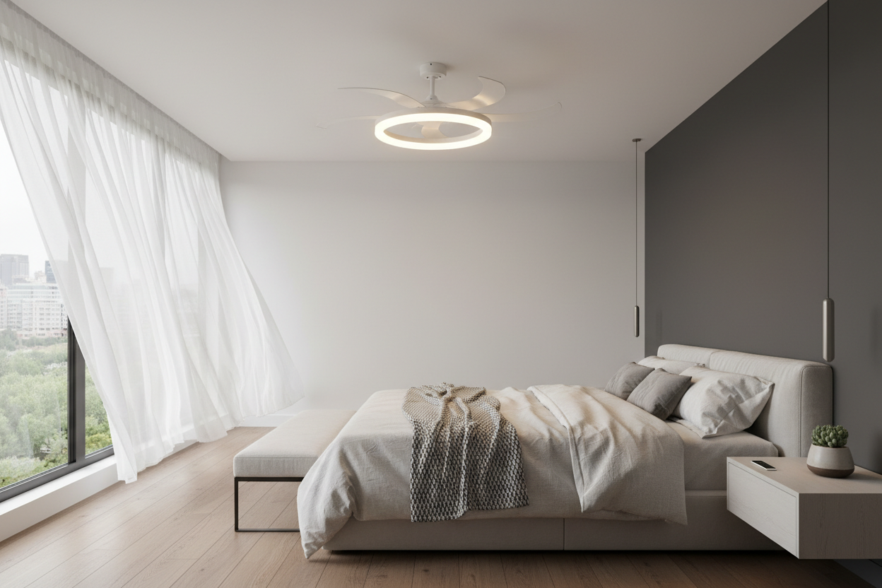 Modern LED ceiling fan light with remote control in contemporary bedroom